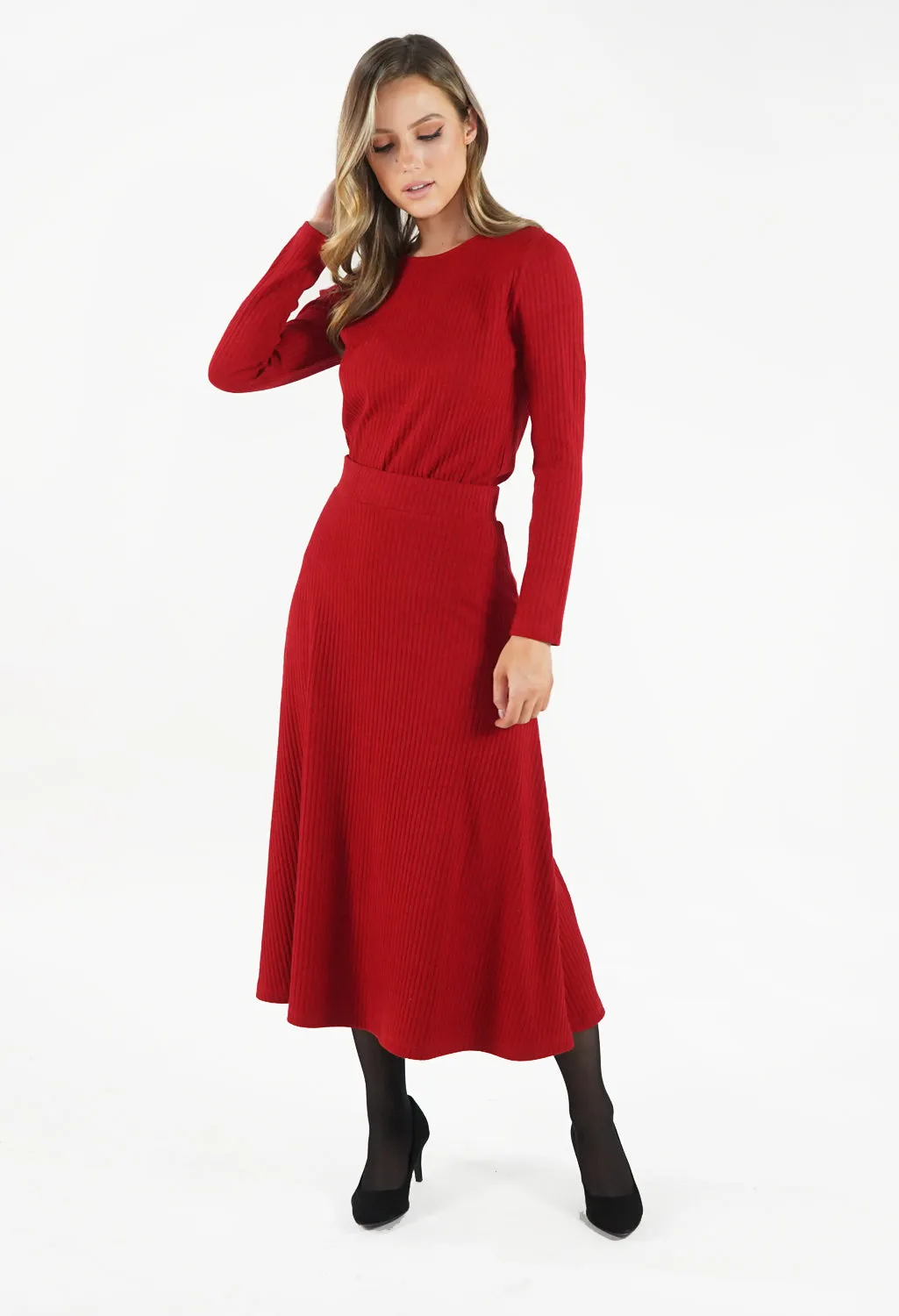 Rust Ribbed Knit Midi Skirt