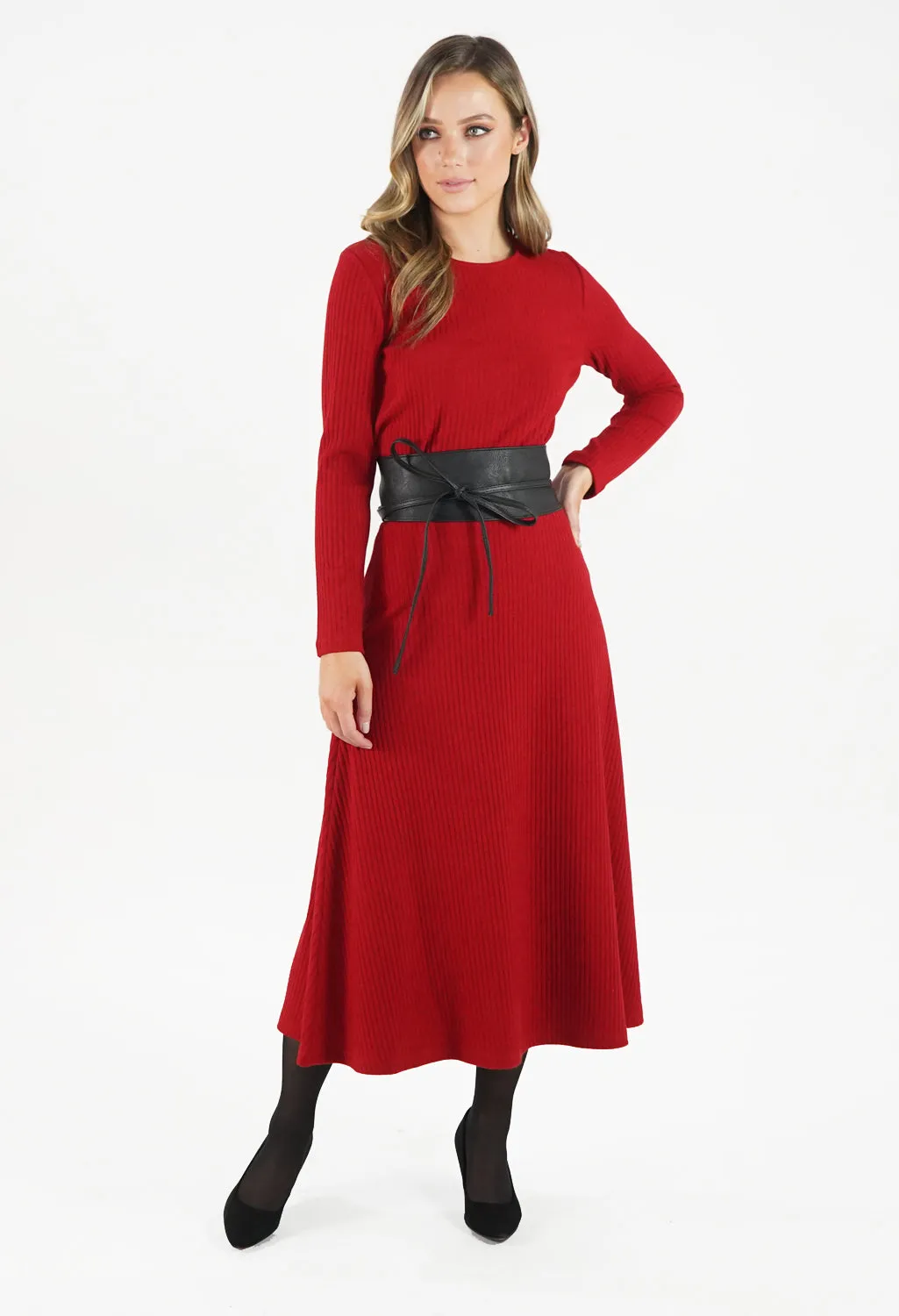 Rust Ribbed Knit Midi Skirt