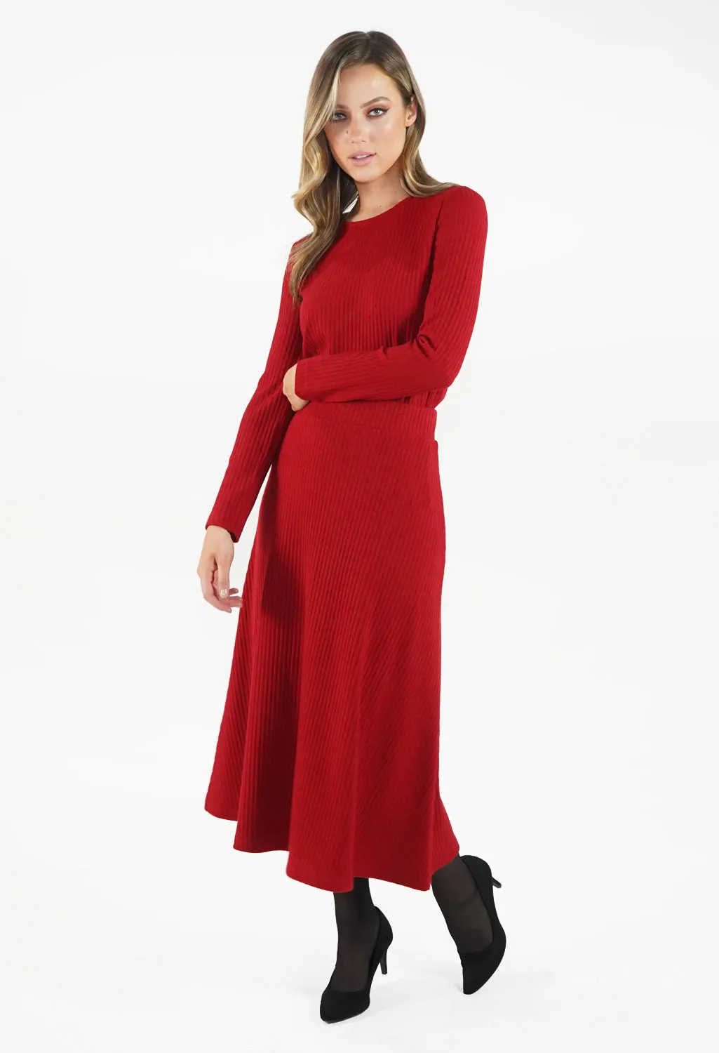 Rust Ribbed Knit Midi Skirt