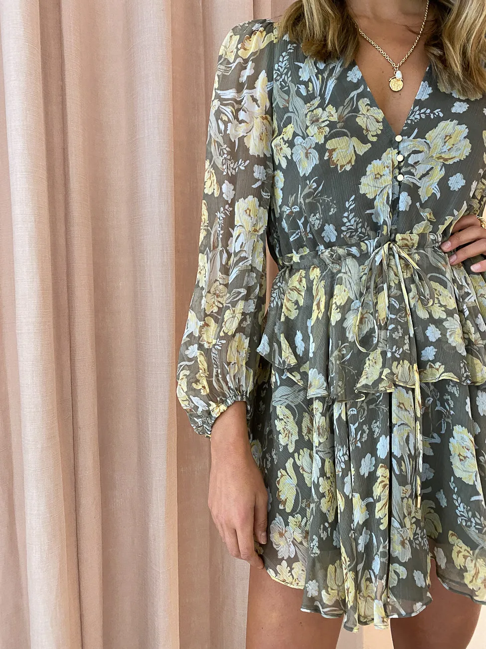 Shona Joy Jolie Balloon Sleeve Mini Dress in Olive/Multi