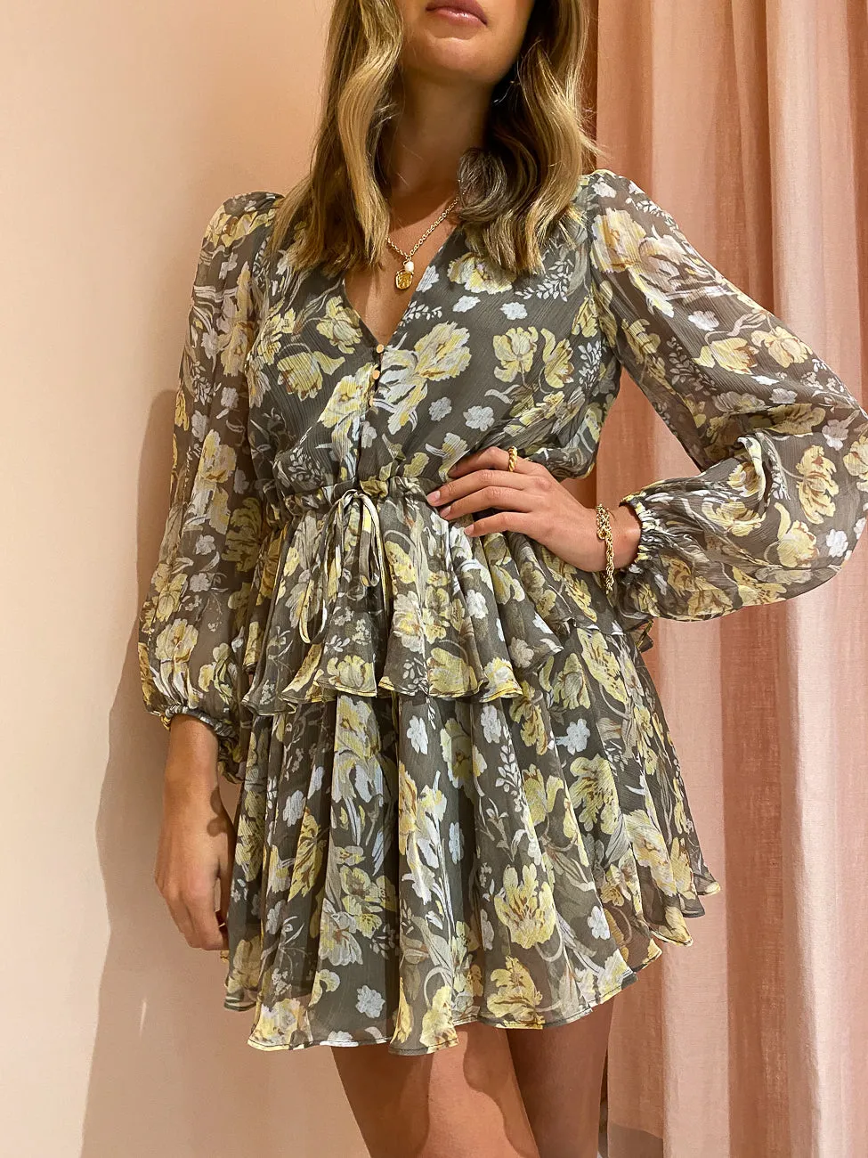 Shona Joy Jolie Balloon Sleeve Mini Dress in Olive/Multi