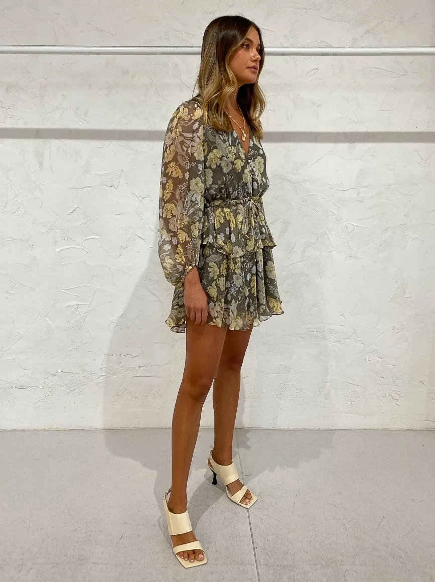 Shona Joy Jolie Balloon Sleeve Mini Dress in Olive/Multi