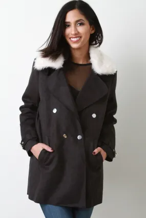 Suede Faux Fur Collar Belted Sleeves Jacket