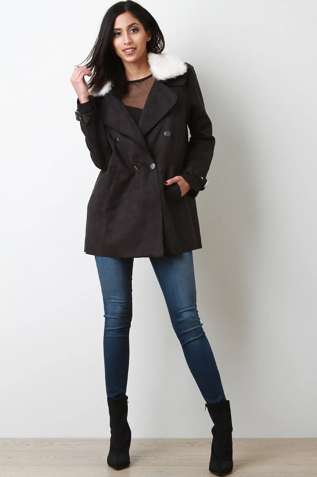 Suede Faux Fur Collar Belted Sleeves Jacket