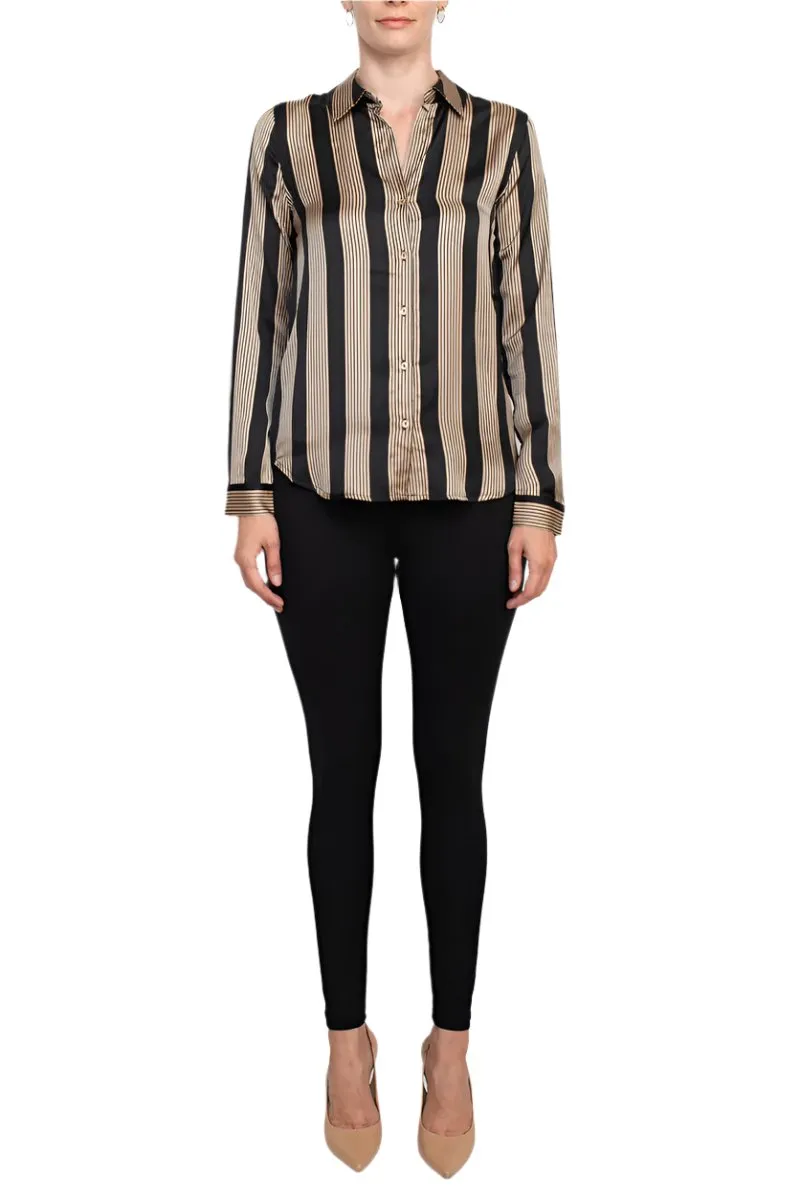 T Tahari collared long sleeve button front closure stripe print shirt