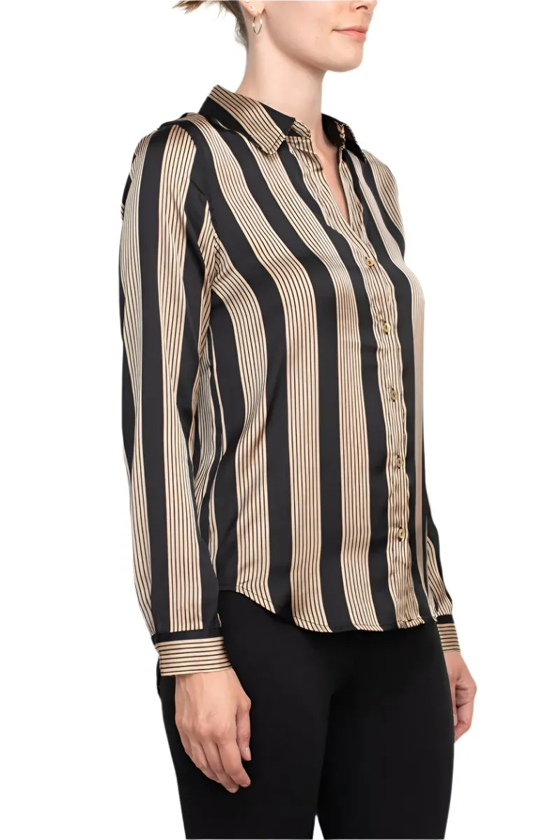 T Tahari collared long sleeve button front closure stripe print shirt
