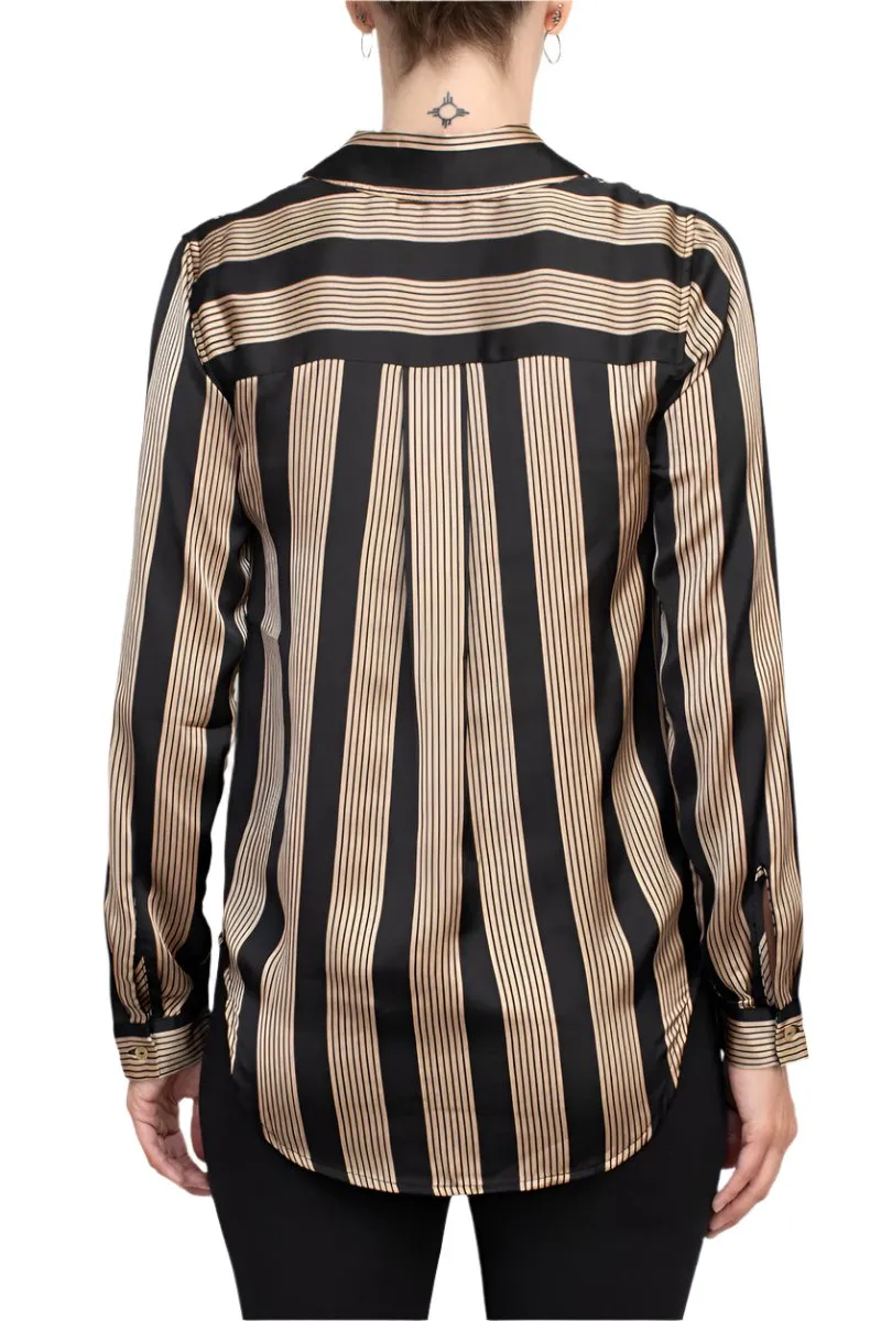 T Tahari collared long sleeve button front closure stripe print shirt
