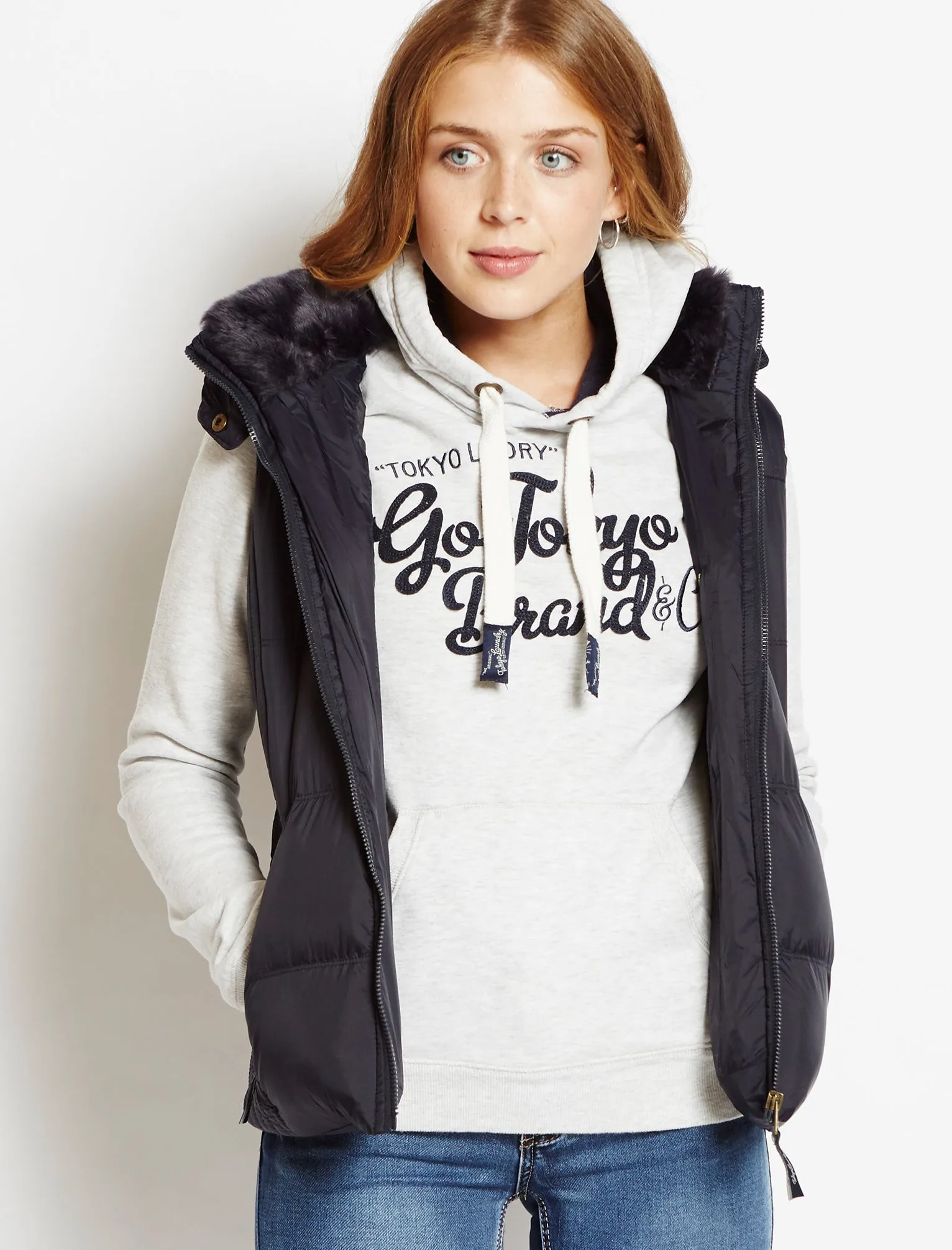 Tokyo Laundry navy blue fur hood gilet