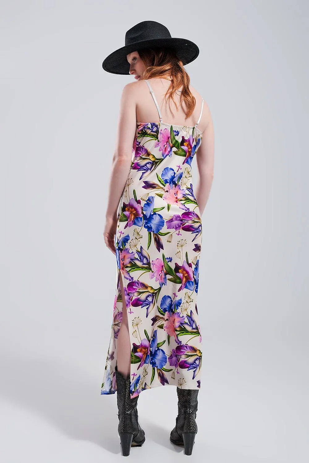 V Back Satin Midi Dress In Beige Clashing Floral Print