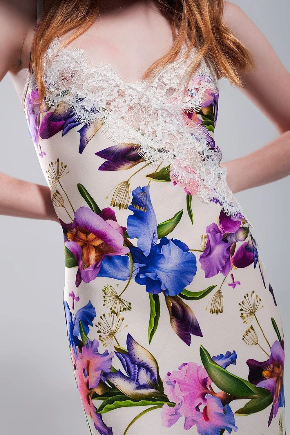 V Back Satin Midi Dress In Beige Clashing Floral Print