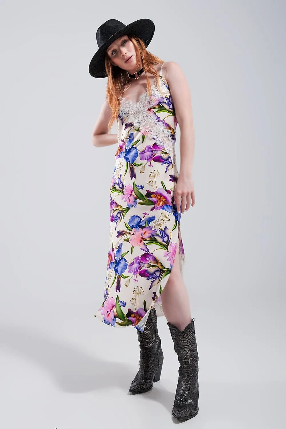 V Back Satin Midi Dress In Beige Clashing Floral Print