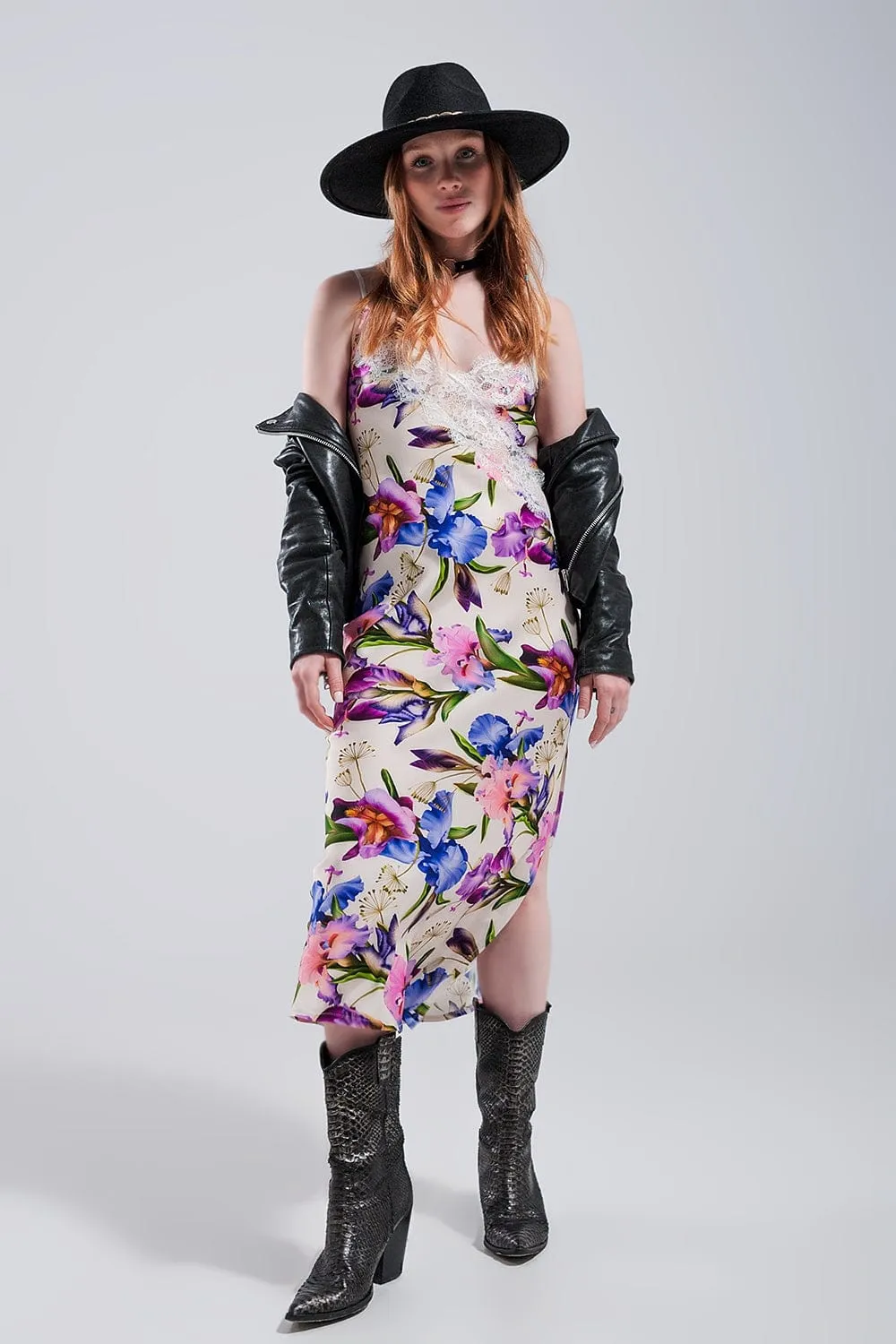 V Back Satin Midi Dress In Beige Clashing Floral Print
