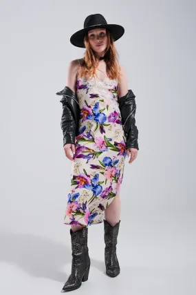 V Back Satin Midi Dress In Beige Clashing Floral Print