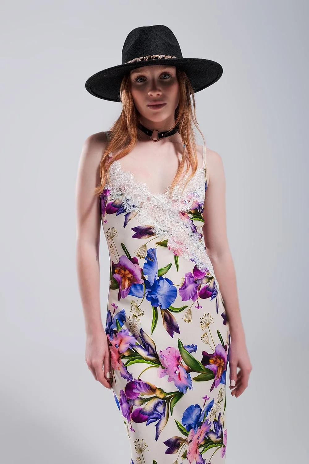 V Back Satin Midi Dress In Beige Clashing Floral Print