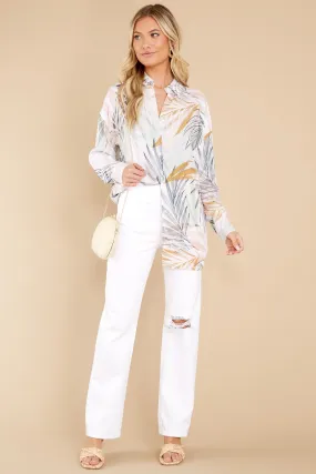 Vacation Breeze Beige Palm Beach Print Shirt