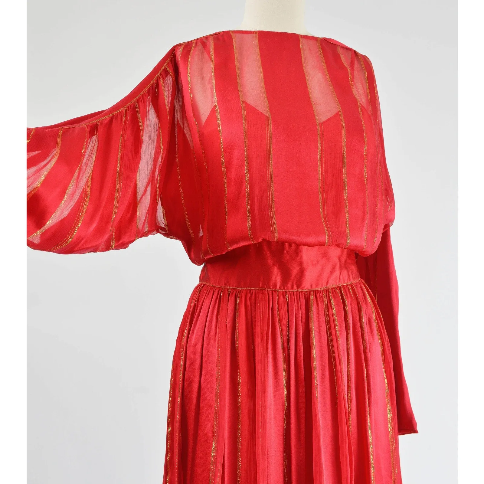 Vintage 80s Red Silk Satin Metallic Sheer Striped Dolman Sleeve Maxi Dress size M