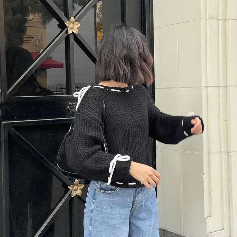 Wenkouban-Christmas Thanksgiving outfits_Casual Cozy Loose Bow Lace-up Skew-collar Comfortable Autumnal Long Sleeve Sweater