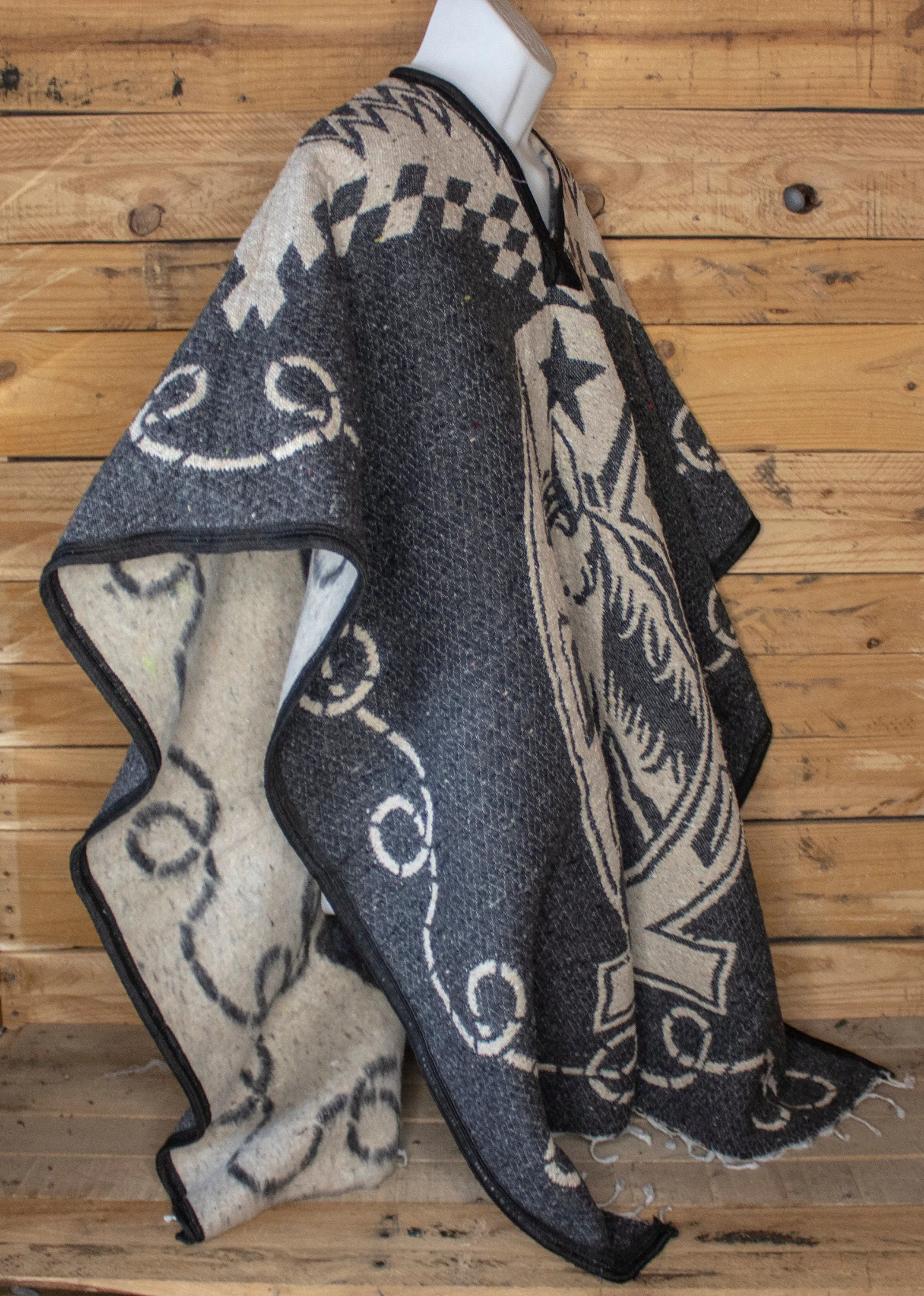 Western 2 sided cowboy horse caballo Mexican reversible PONCHO REBOZO ZARAPE