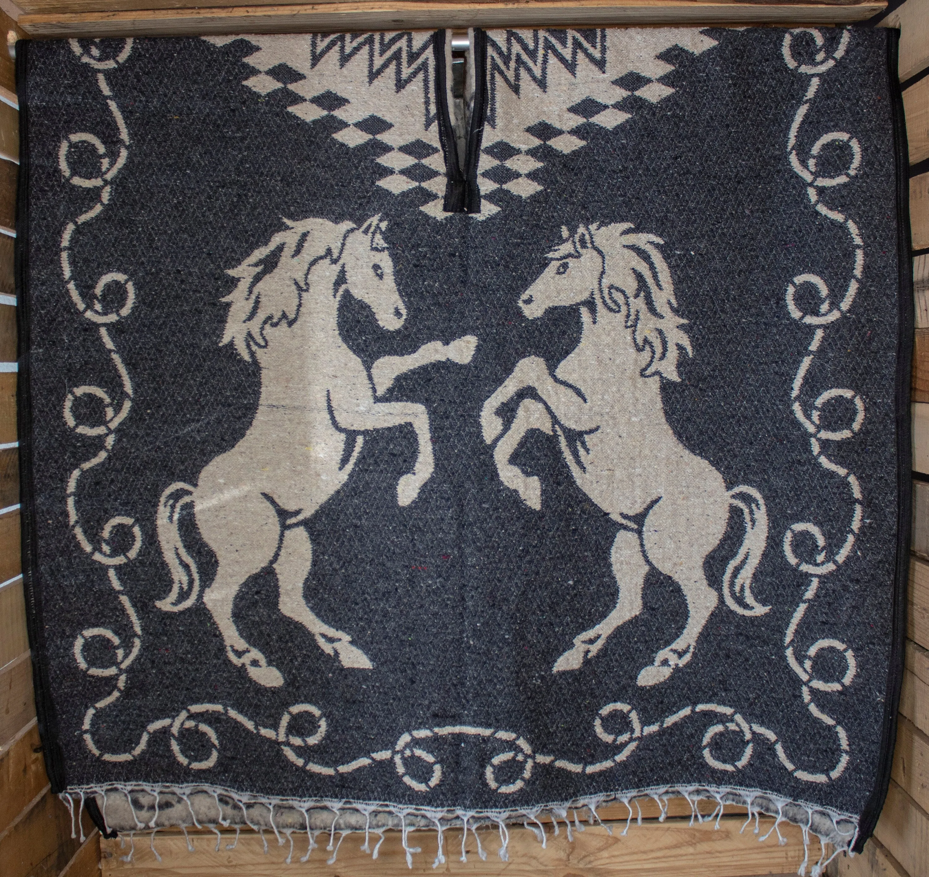 Western 2 sided cowboy horse caballo Mexican reversible PONCHO REBOZO ZARAPE