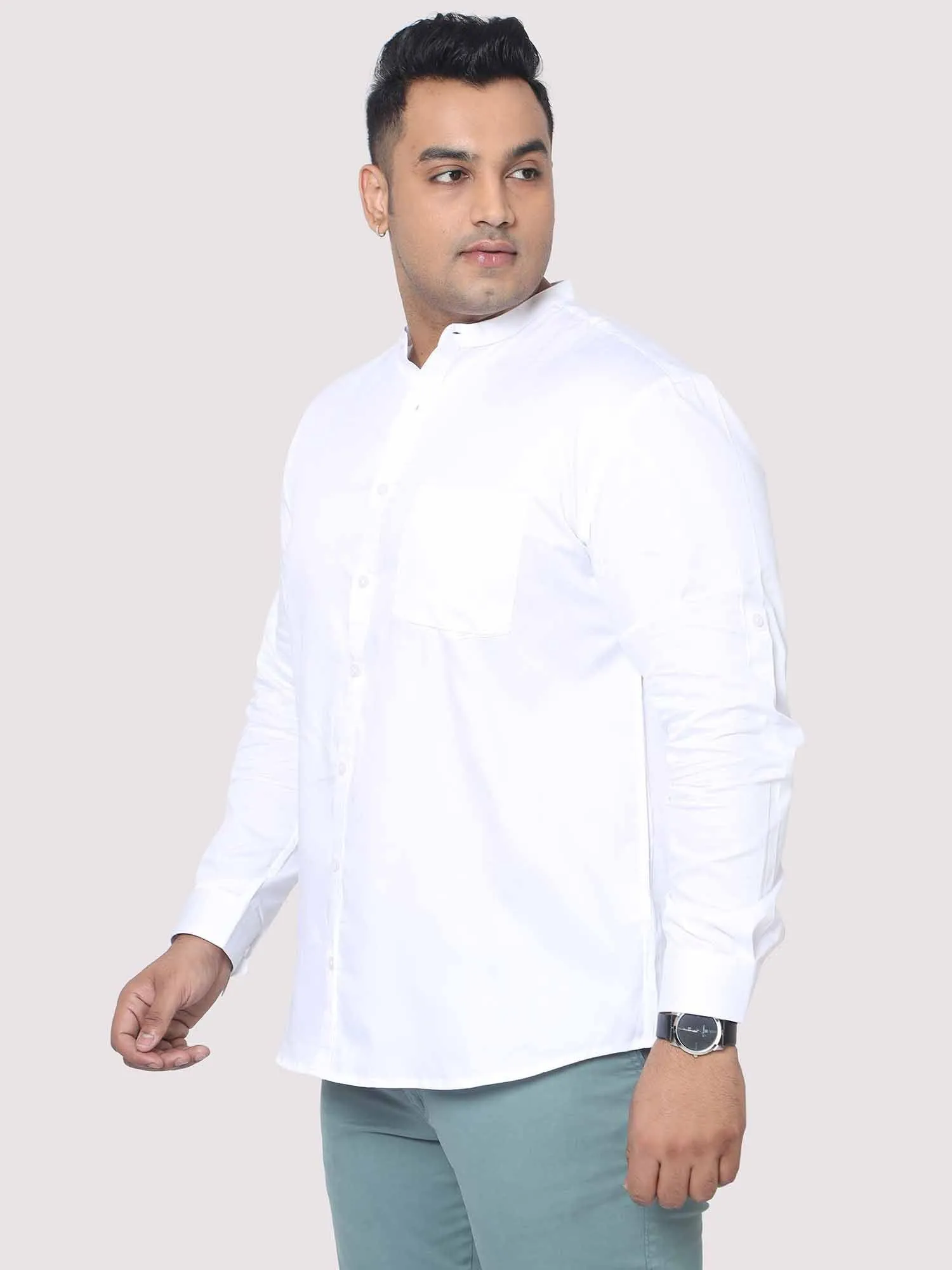 White Mandarin Collar Men's Plus Size Cotton Full Shirt