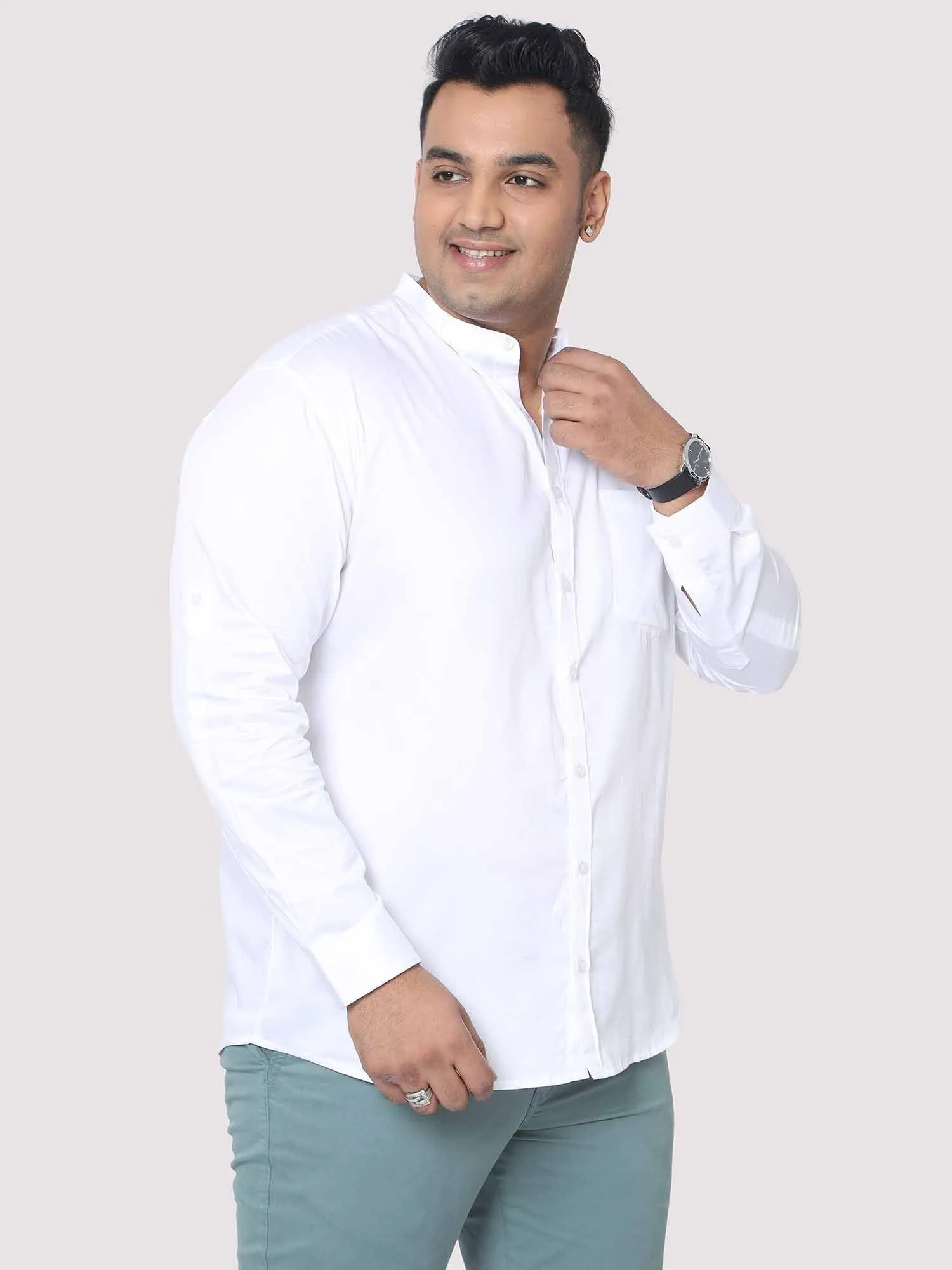 White Mandarin Collar Men's Plus Size Cotton Full Shirt
