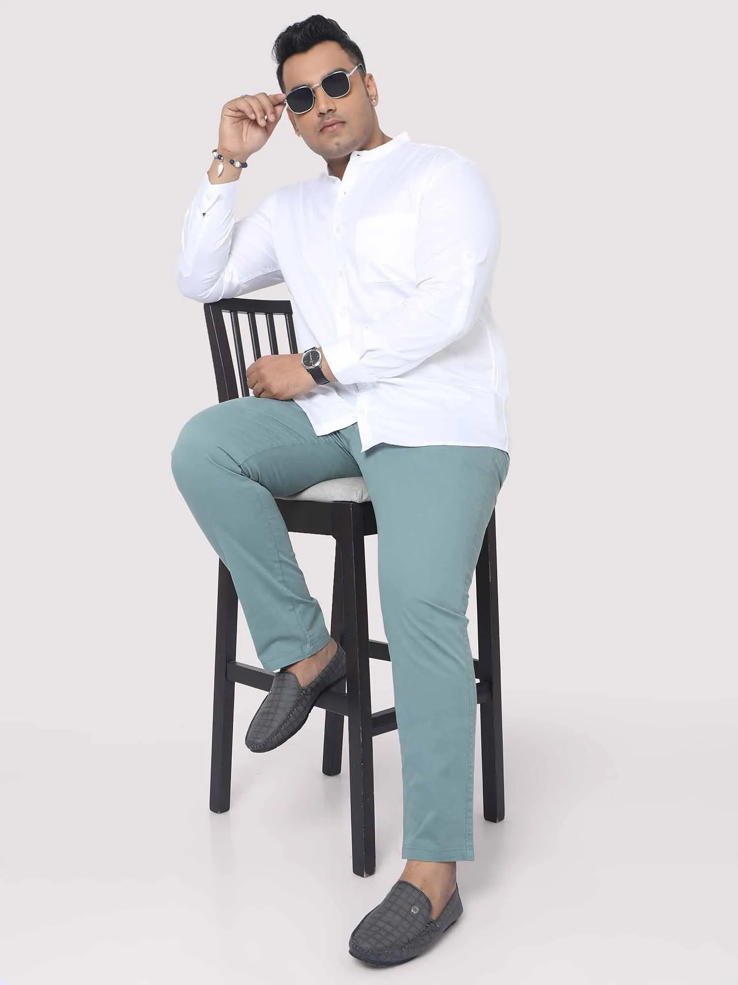 White Mandarin Collar Men's Plus Size Cotton Full Shirt