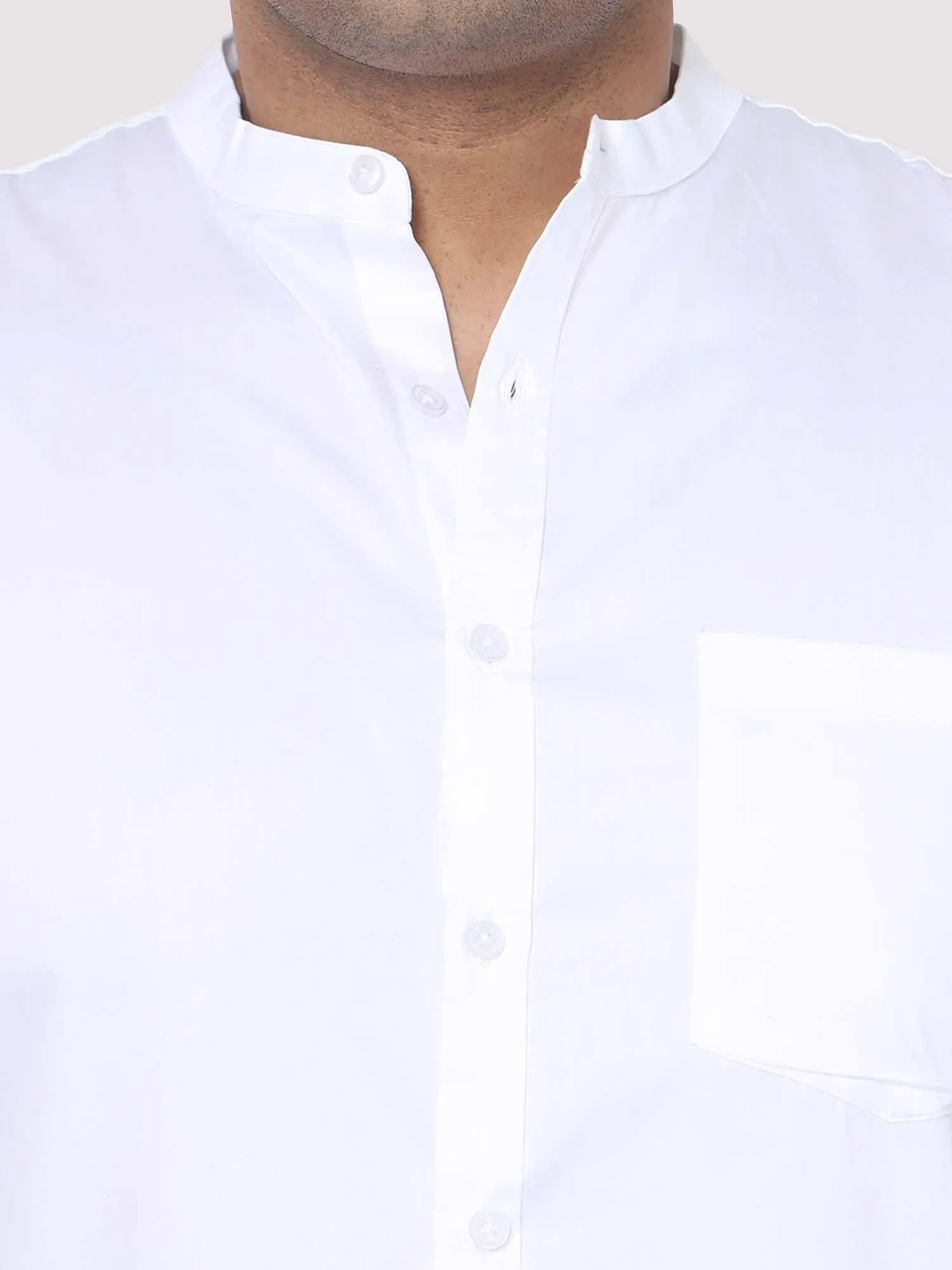 White Mandarin Collar Men's Plus Size Cotton Full Shirt