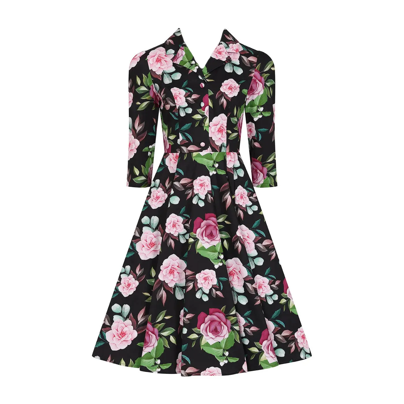 Winter Pink Black Floral Print 3/4 Sleeve Belted 50s Swing Dress With Pockets