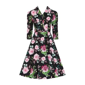 Winter Pink Black Floral Print 3/4 Sleeve Belted 50s Swing Dress With Pockets