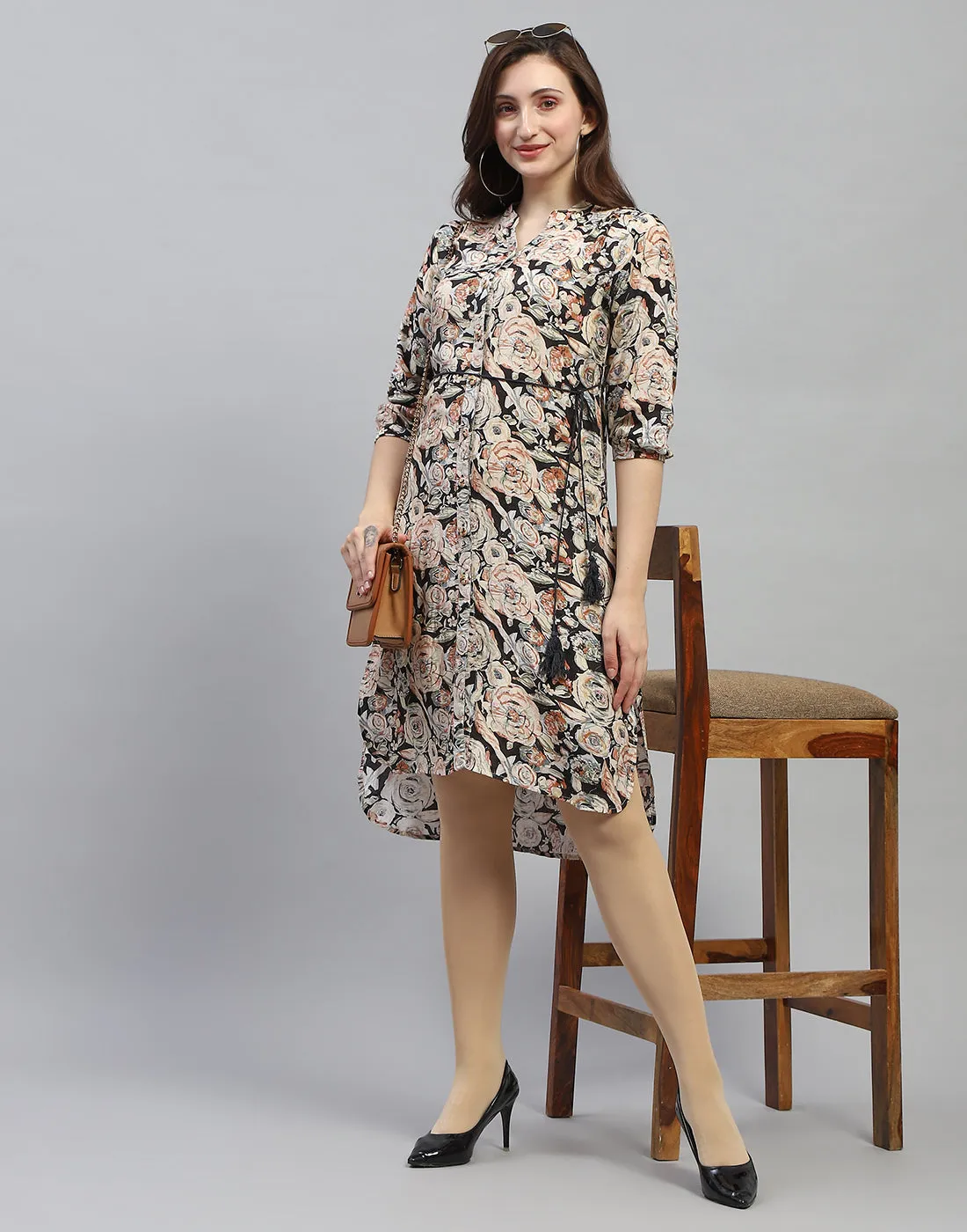 Women Black Floral Print V Neck 3/4 Sleeve Dress
