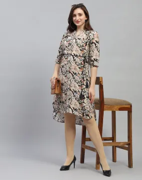 Women Black Floral Print V Neck 3/4 Sleeve Dress
