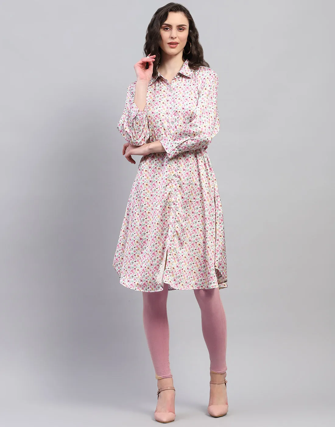 Women Pink Floral Print V Neck 3/4 Sleeve Dress