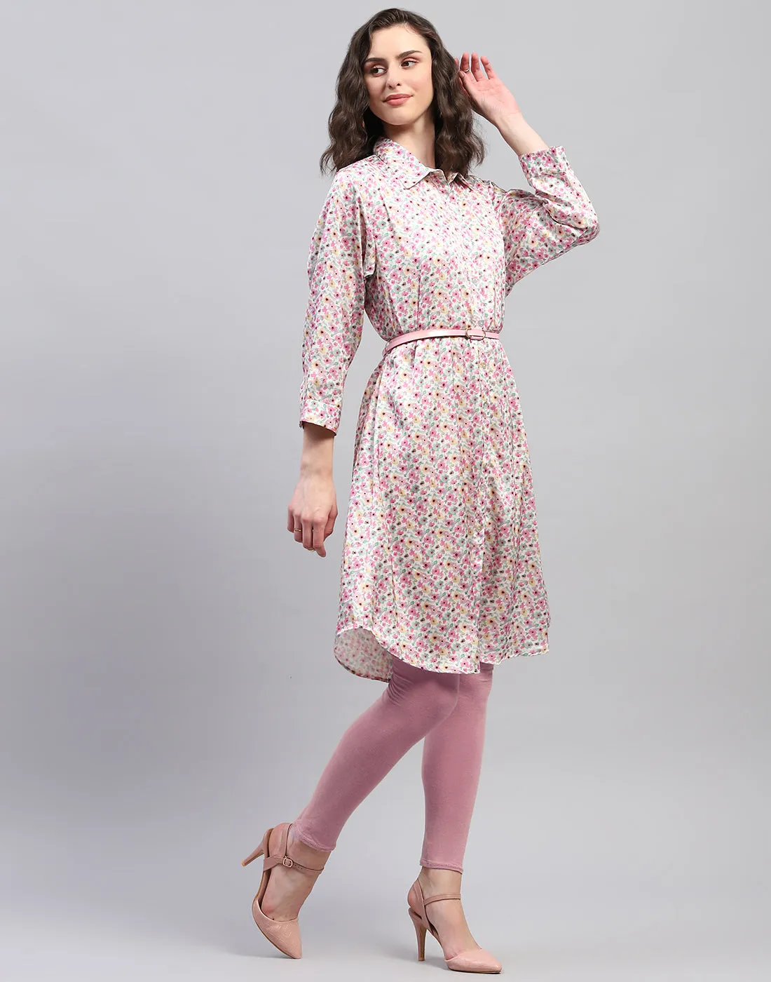 Women Pink Floral Print V Neck 3/4 Sleeve Dress