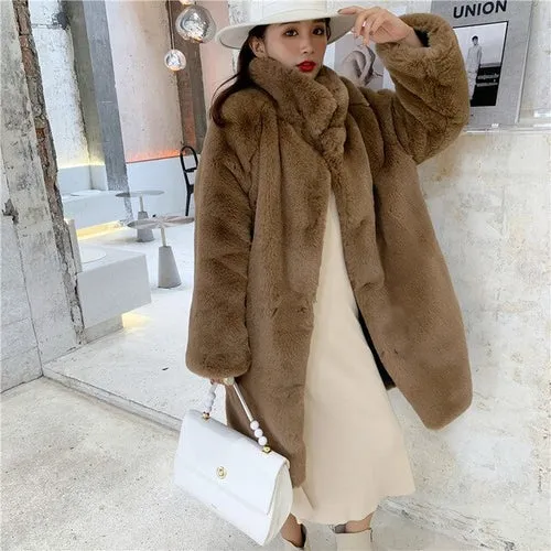 Women Winter Faux Fur Long Coat Solid