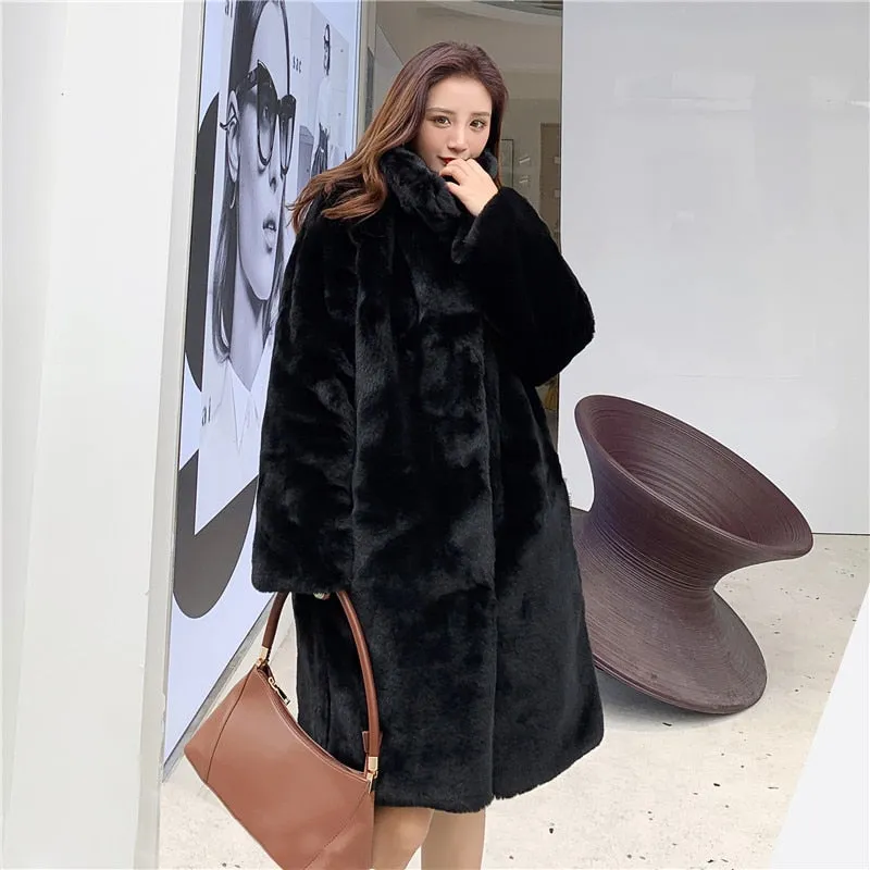 Women Winter Faux Fur Long Coat Solid
