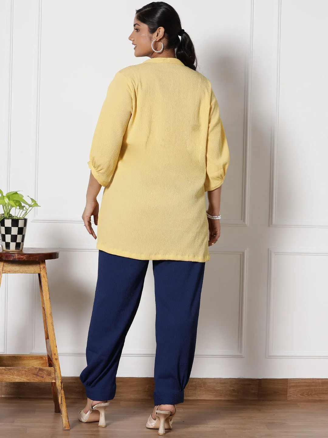 Yellow Textured MandarinTop & Navy AfghaniSalwar