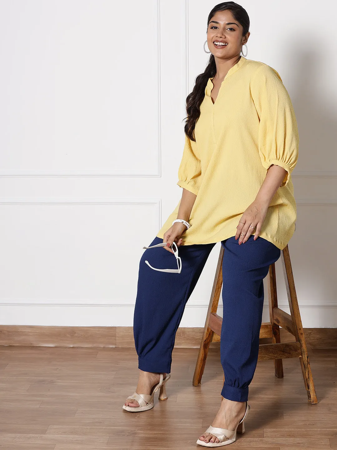 Yellow Textured MandarinTop & Navy AfghaniSalwar